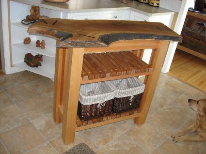 butcher block island with baskets