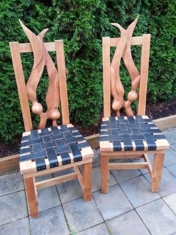 Hand carved kelp chairs with leather seat