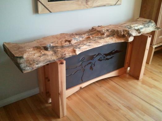 Live Edge side table with fish floating in steel kelp