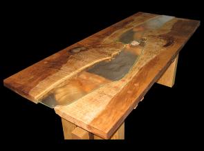 live edge table with slump glass fish and rock middlet Back Side View