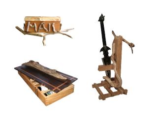 driftwood mail box wine gift and sword display stand
